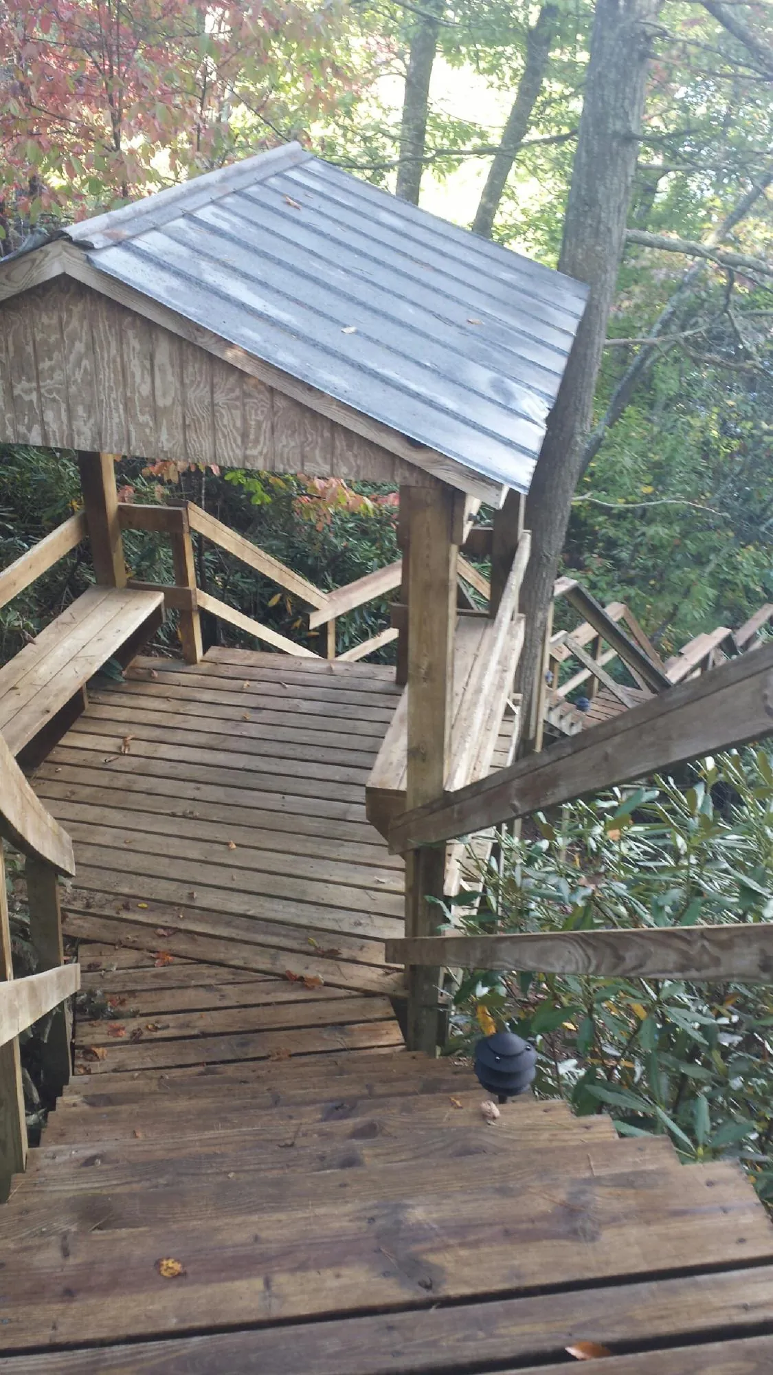 Metal roofed shelter over wooden steps on a wooded walkway — Skylight Repair & Installation work by our crew in Bay City